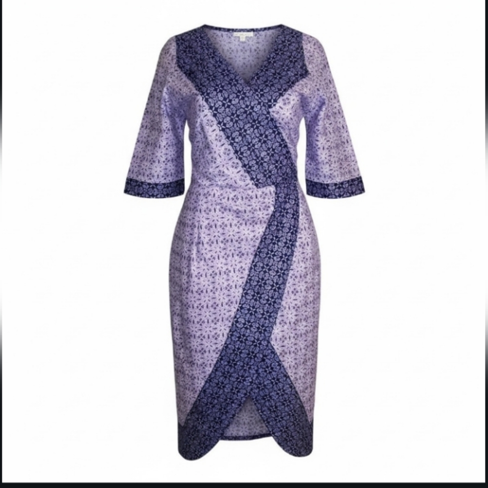 NIGERIAN M/ L POLISH COTTON PURPLE BLUE LAVENDER METALLIC FAUX WRAP MIDI DRESS